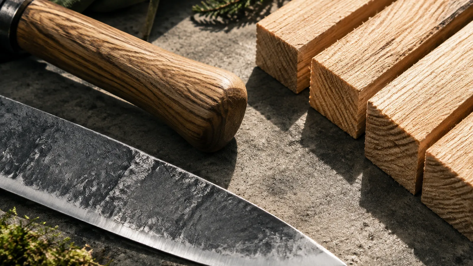 Foto: Materialstudie mit Stahlklinge und Holz