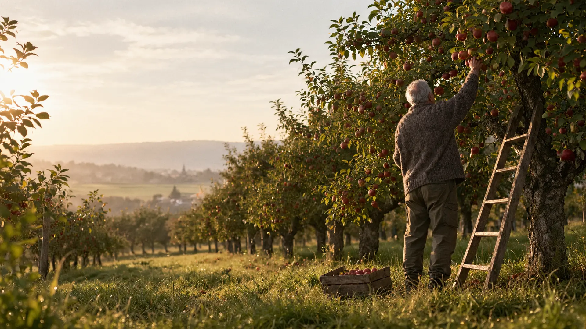 Foto: ein Mann pflückt Äpfel von einem alten Obstbaum