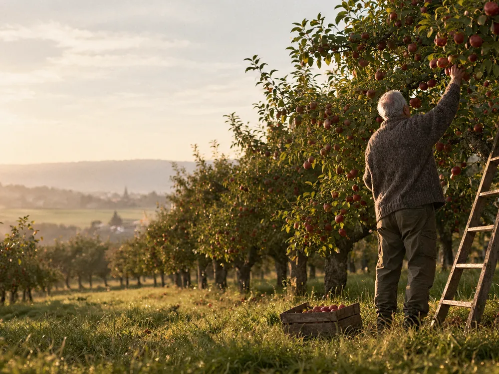 Foto: Mann pflückt Äpfel in einer alten Obstwiese