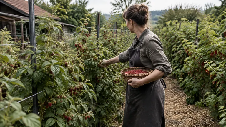 Foto: eine Frau hält einen Korb mit Himbeeren in einem Beerenbeet