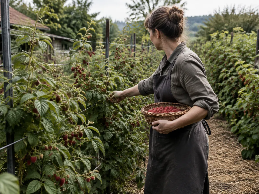 Foto: Frau hält einen Korb Himbeeren im Beerenbeet